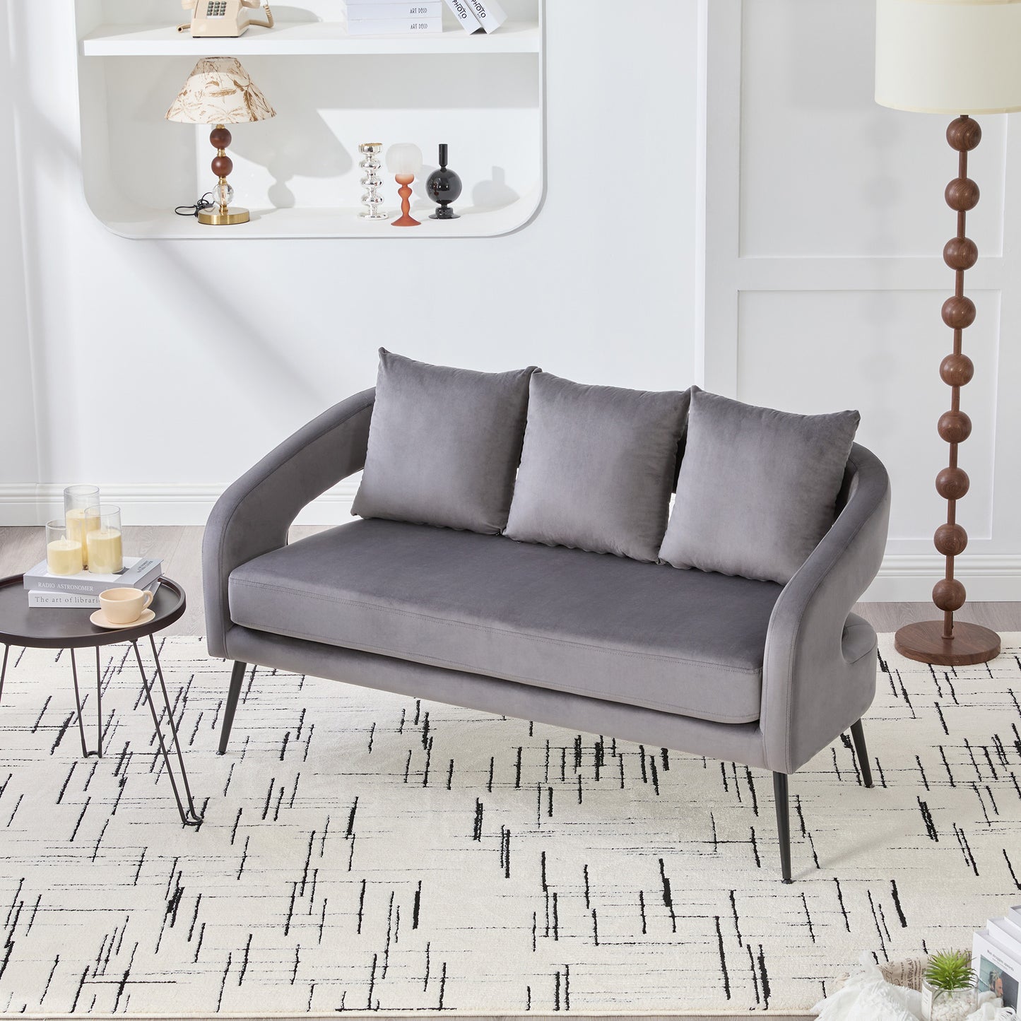 53.7 Modern Upholstered Velvet Open Back Loveseat Settee With 3 Pillows, Small Comfy Sofa 2-Seater Mini Sofa For Small Space With Metal Legs, Living Room Bedroom Office Dorm Studio Apartment Charcoal