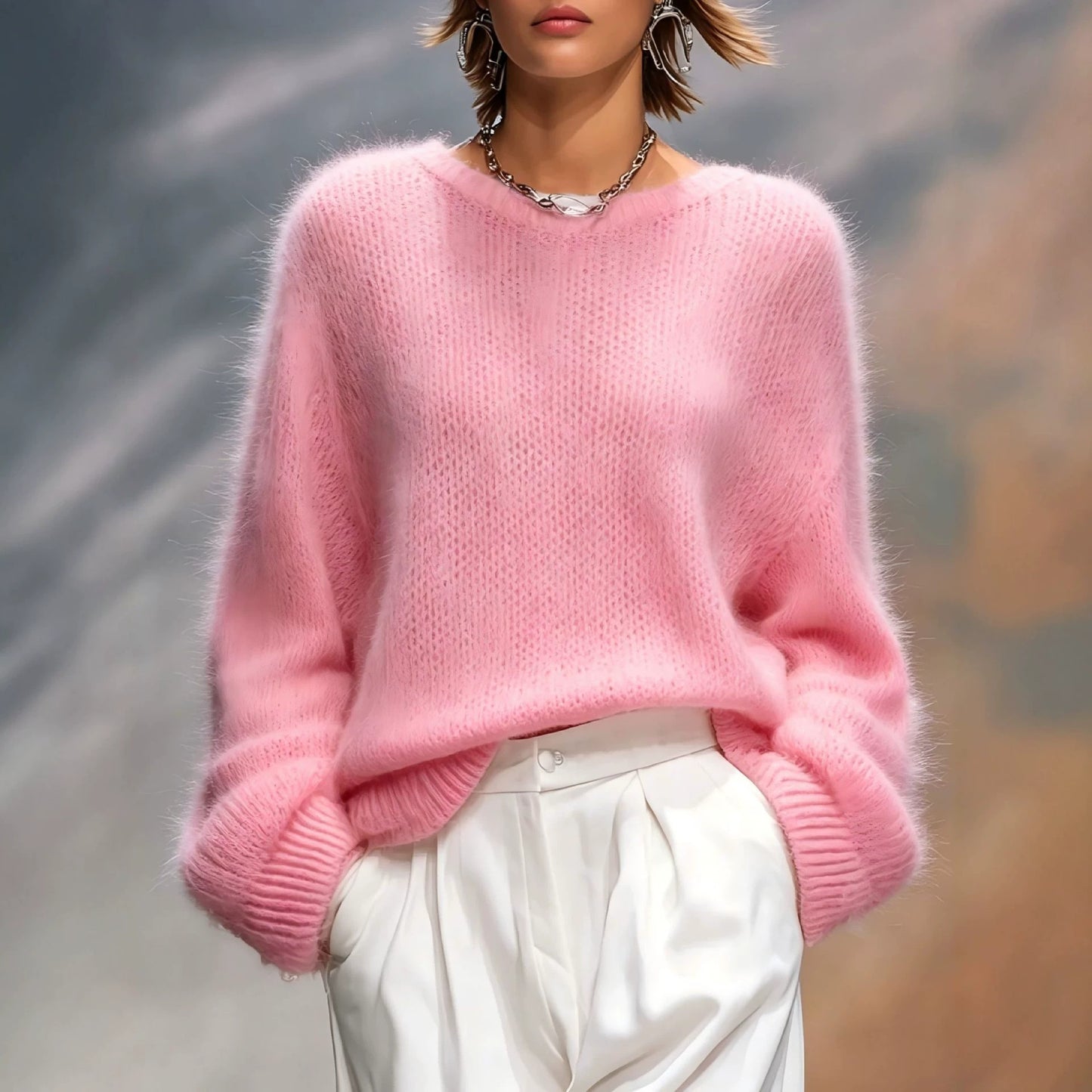New Autumn Winter Relaxed-style Elegant Solid-color Crew-neck Loose-fit Womens Pullover