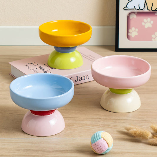 Macaron Color-Block Ceramic Elevated Pet Bowl