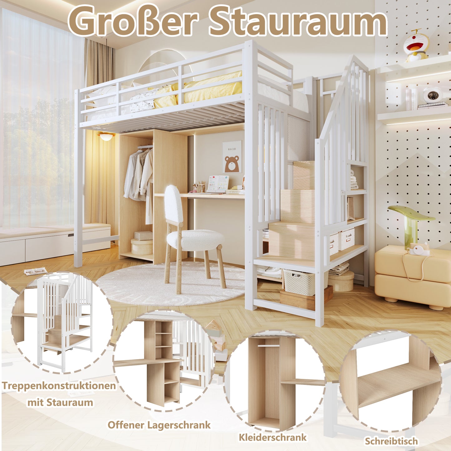 Loft Bed, 90 X 200 Cm, Iron Frame, With Storage Space, Wardrobe, Desk, Staircase Constructions With Storage Space, Without Mattress, White