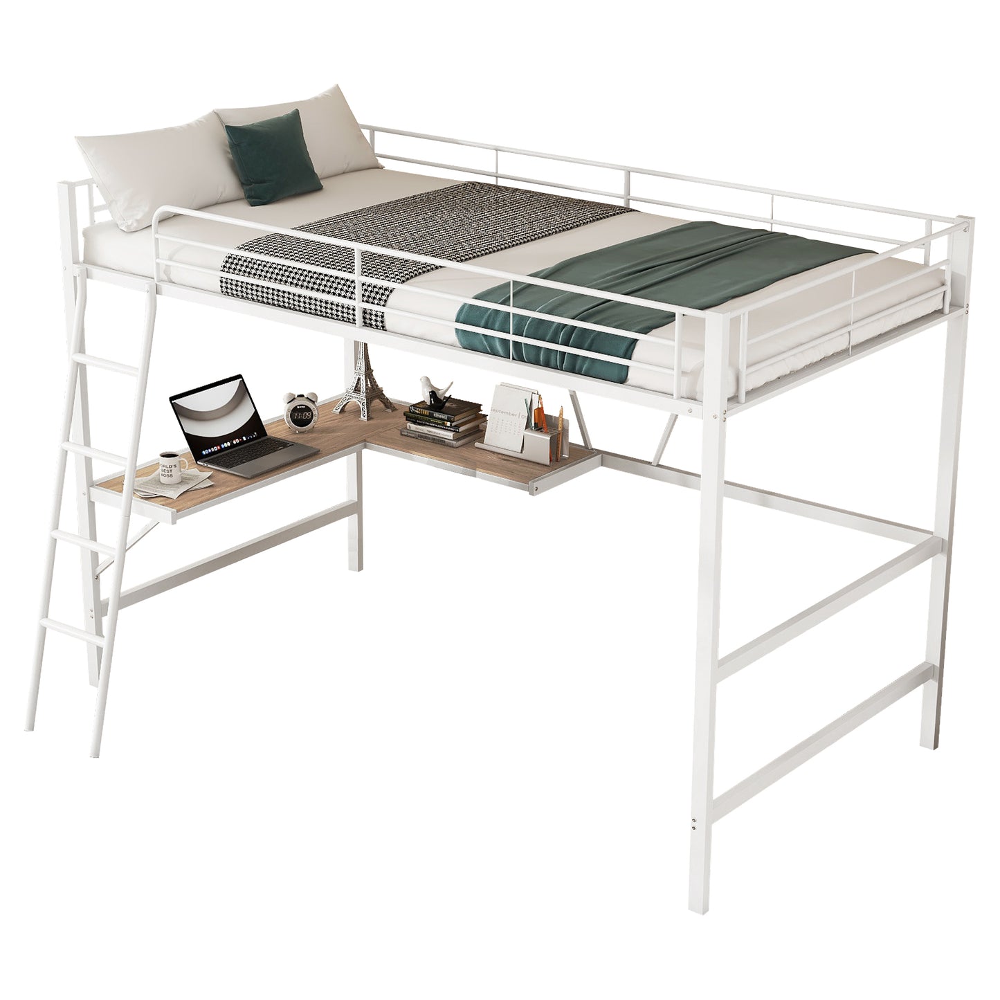 Loft Bed, 90x200cm Bed Frame Metal Bed, Iron Bed, Loft Bed With L-Shaped Desk And A Shelf For Children, Teenagers And Adults, Without Mattress, White