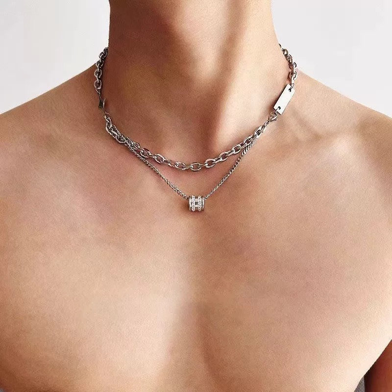 New Double-Layer Stacked Diamond-Encrusted Transfer Beads Titanium Steel Necklace Men's Hip-Hop Trendy Cool High-End Clavicle Chain Versatile Accessories