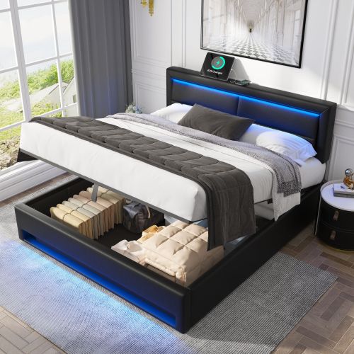 Upholstered Bed 150 X 200 Cm, King Size Bed-5ft,with USB Port Supports Wireless And Wired Charging, With LED Lighting And Storage Space, Without Mattress, PU Lychee Pattern, Black