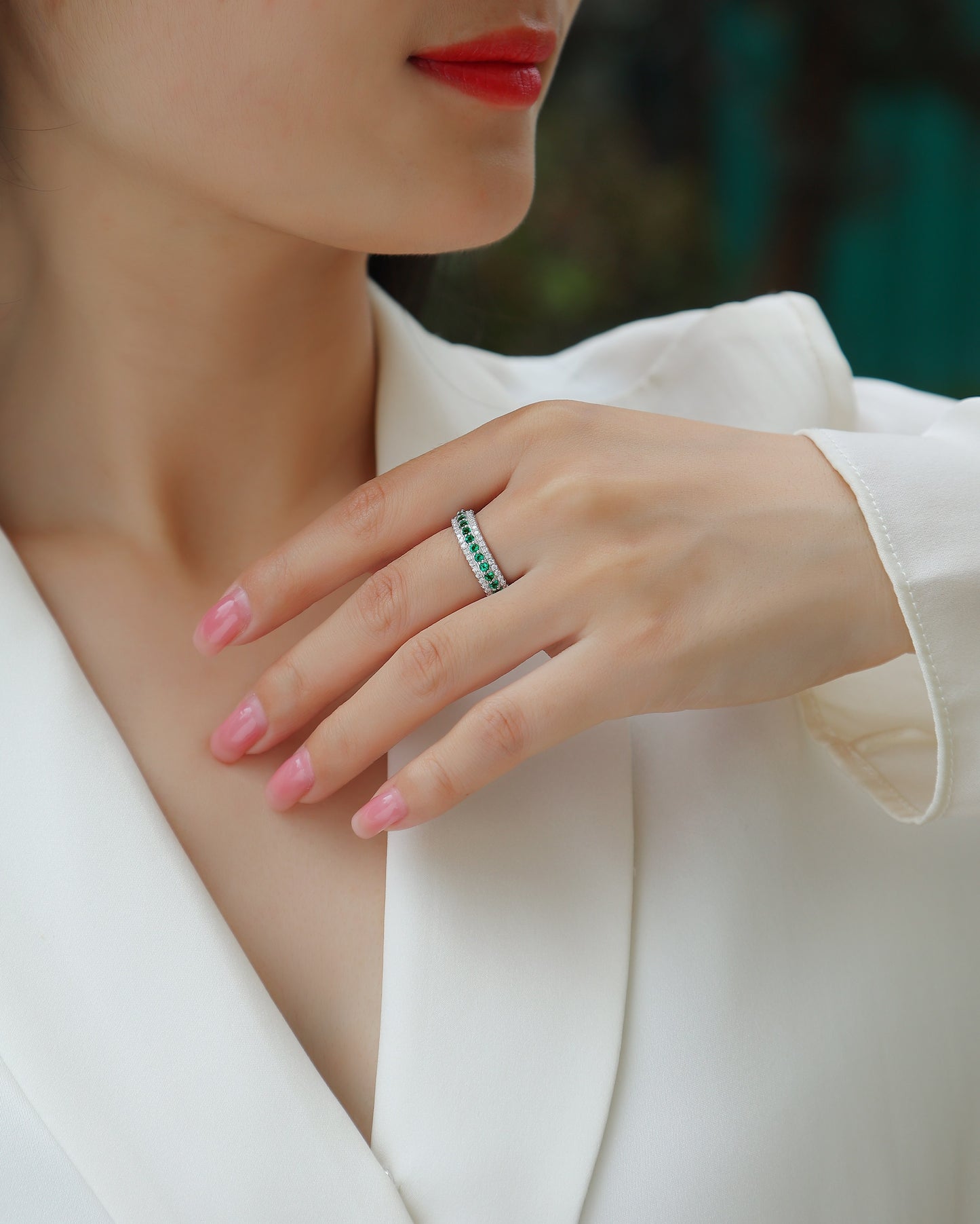 3.6g S925 Sterling Silver Platinum Plated Ring  3 Row Pave Band With Green Gemstones, Dainty Stackable Eternity Promise Ring For Women, Jewelry Gift Box Set
