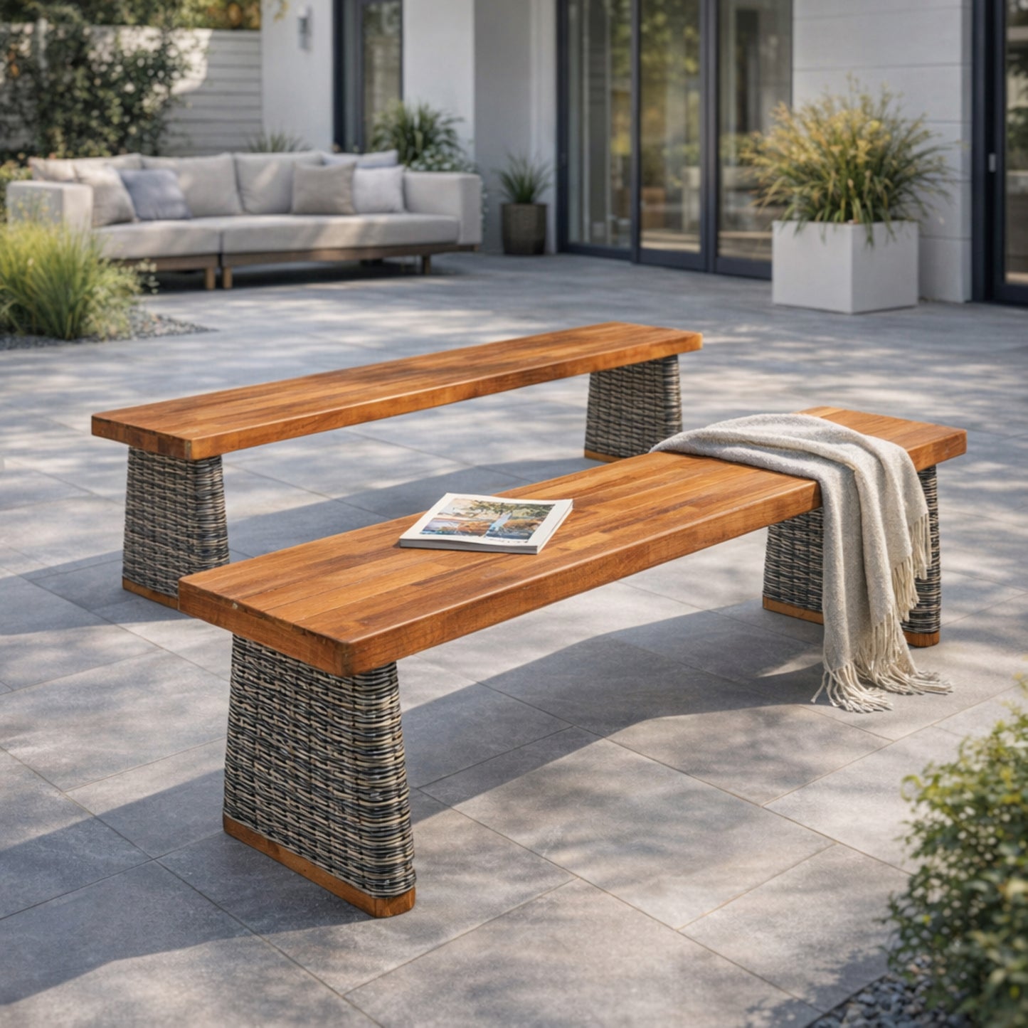 Outdoor Acacia Wood Bench Set Of 2 ,Teak Finish  Grey Wicker