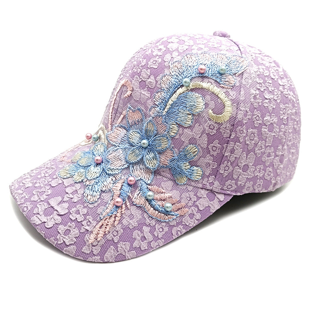 New Women's Breathable Lace Mesh Fabric With Exquisite Floral Embroidery In A Sweet Style, Featuring Beaded Baseball Cap For Outdoor Wear