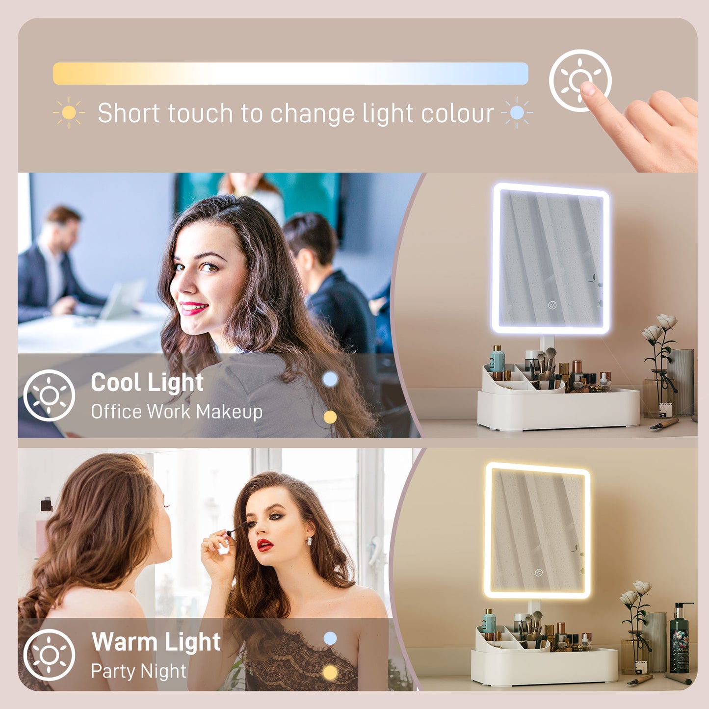 Lighted Makeup Mirror, Rechargeable Makeup Mirror, With Touchscreen, 2 Lighting Modes, 180-degree Rotation, White