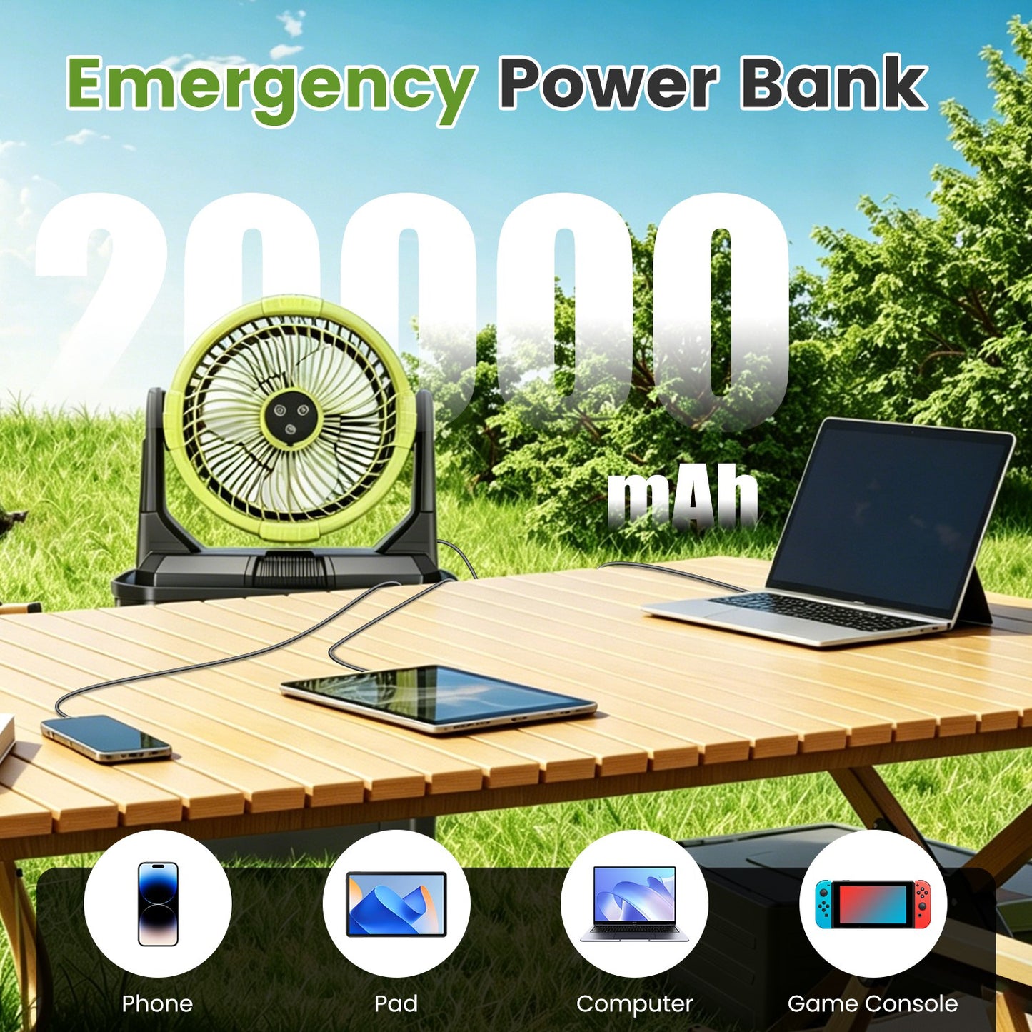 1Pc  5 In 1 20000mAh 10L Bucket Portable Misting Fan Indoor Outdoor Rechargeable Camping Cooling Fan Work As Air Cooler Humidifier Power Bank & RGB Night Light With Remote Control