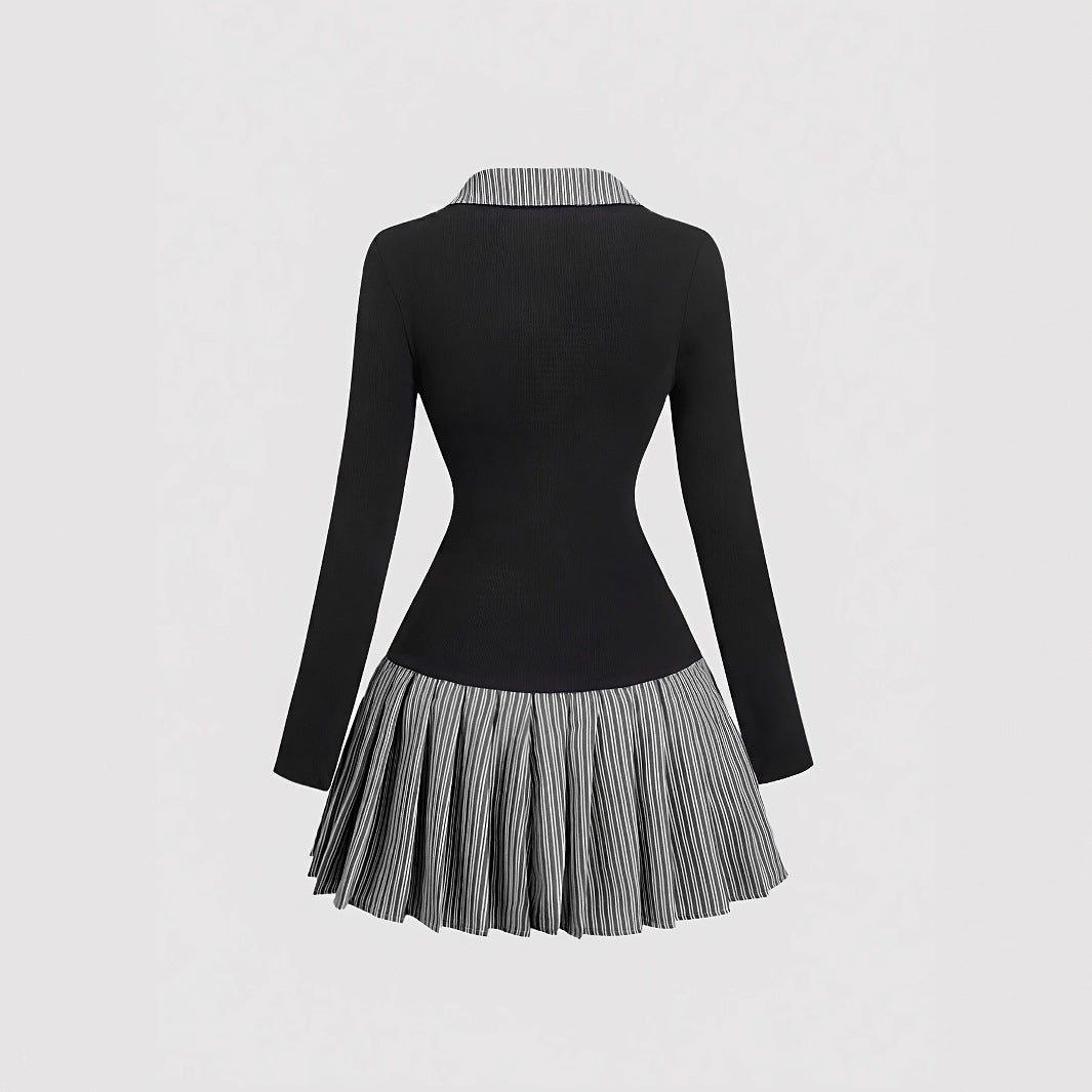 Korean-Style Preppy Striped Patchwork Two-Piece-Look Dress