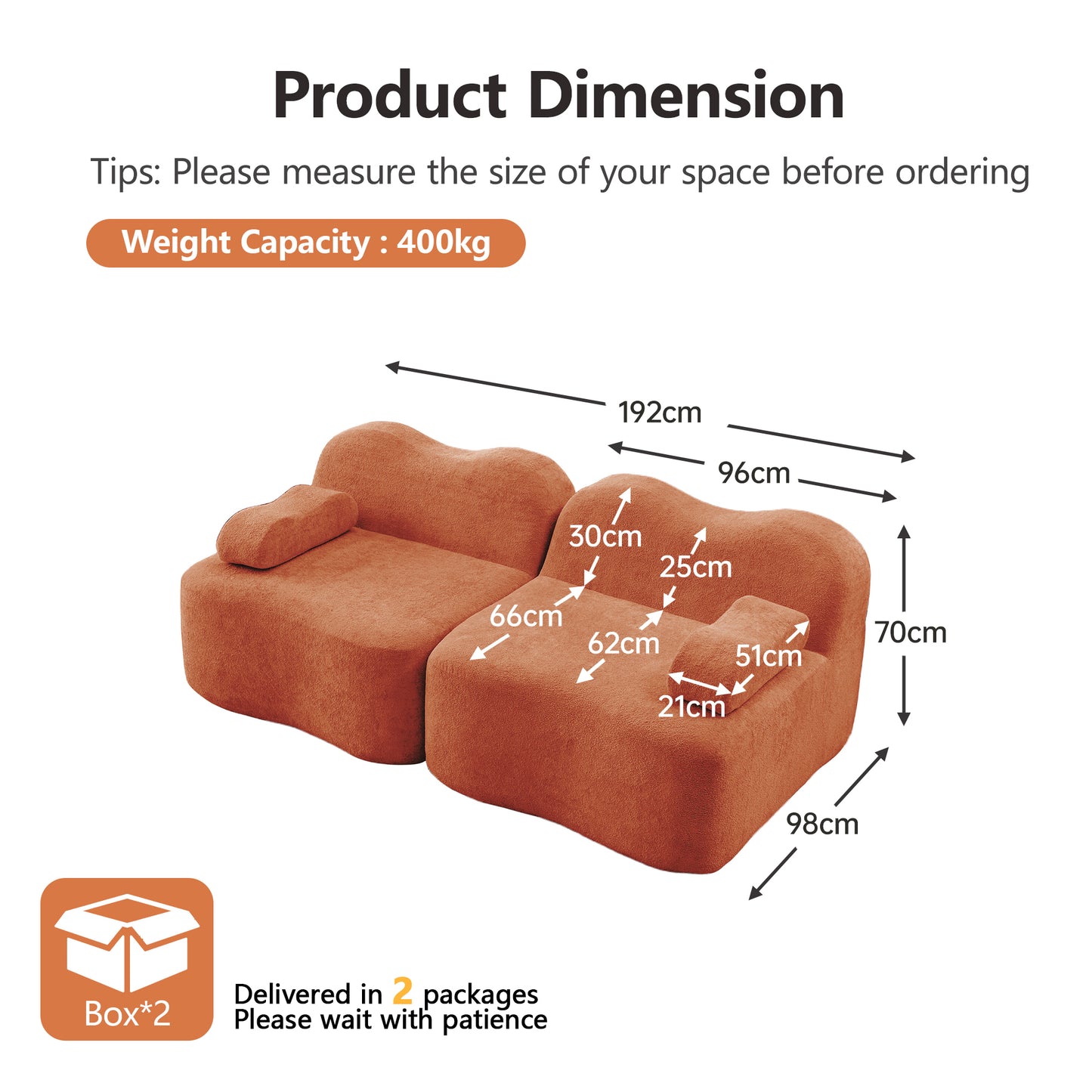 2 Seater Modular Boneless Sofa, Wave Shape, Deep Seat Cushions, Movable Armrest Cushion, For Living Room & Apartment, No Setup Required, Orange