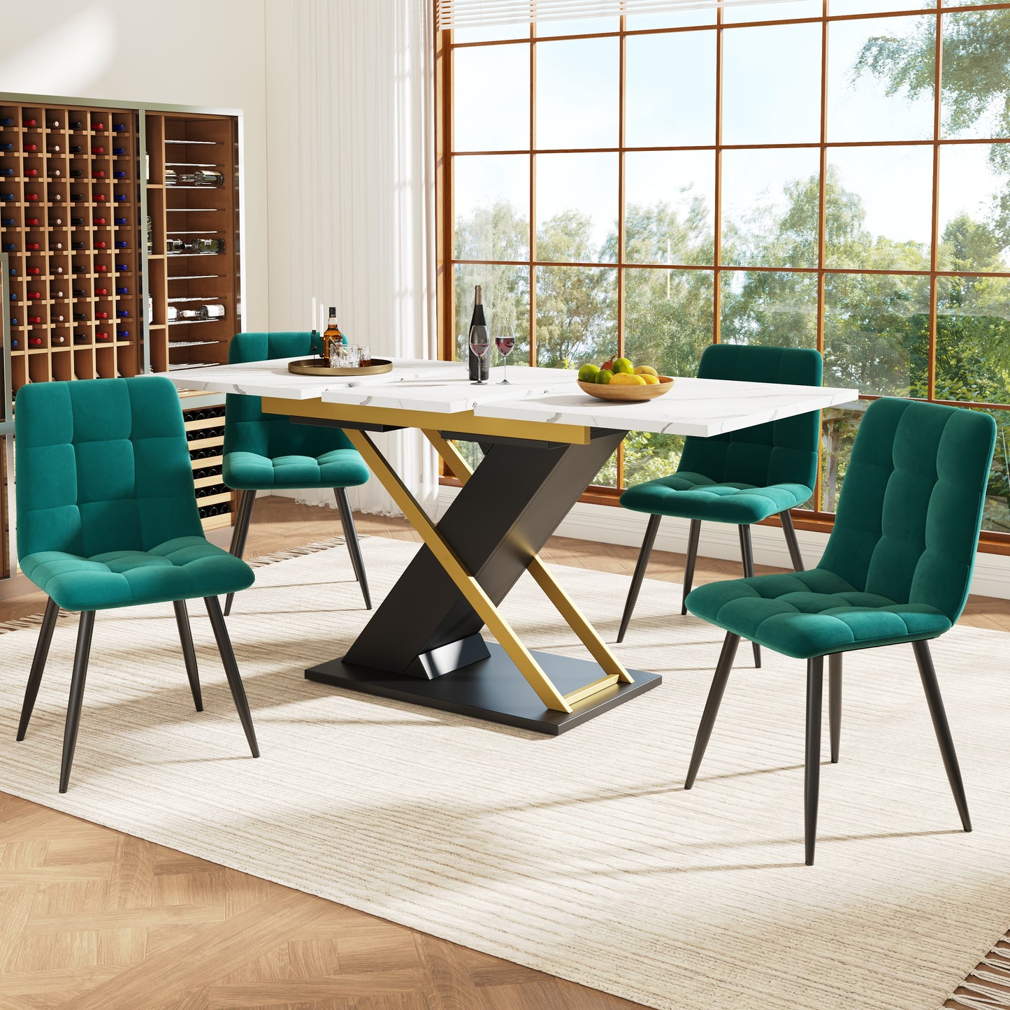 Dining Table Extendable Table  120-160x80cm , Kitchen Living Room Table, Extendable Table, Extendable To 160cm With The Help Of Internal Insertion Plate, Dining Table With Golden Cross Legs