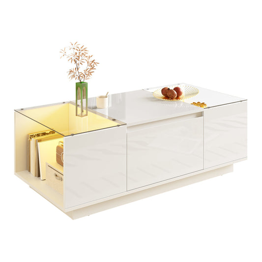 105 Cm Modern Minimalist Coffee Table With Storage, LED Mood Lighting, Glass Top And 2 Drawers