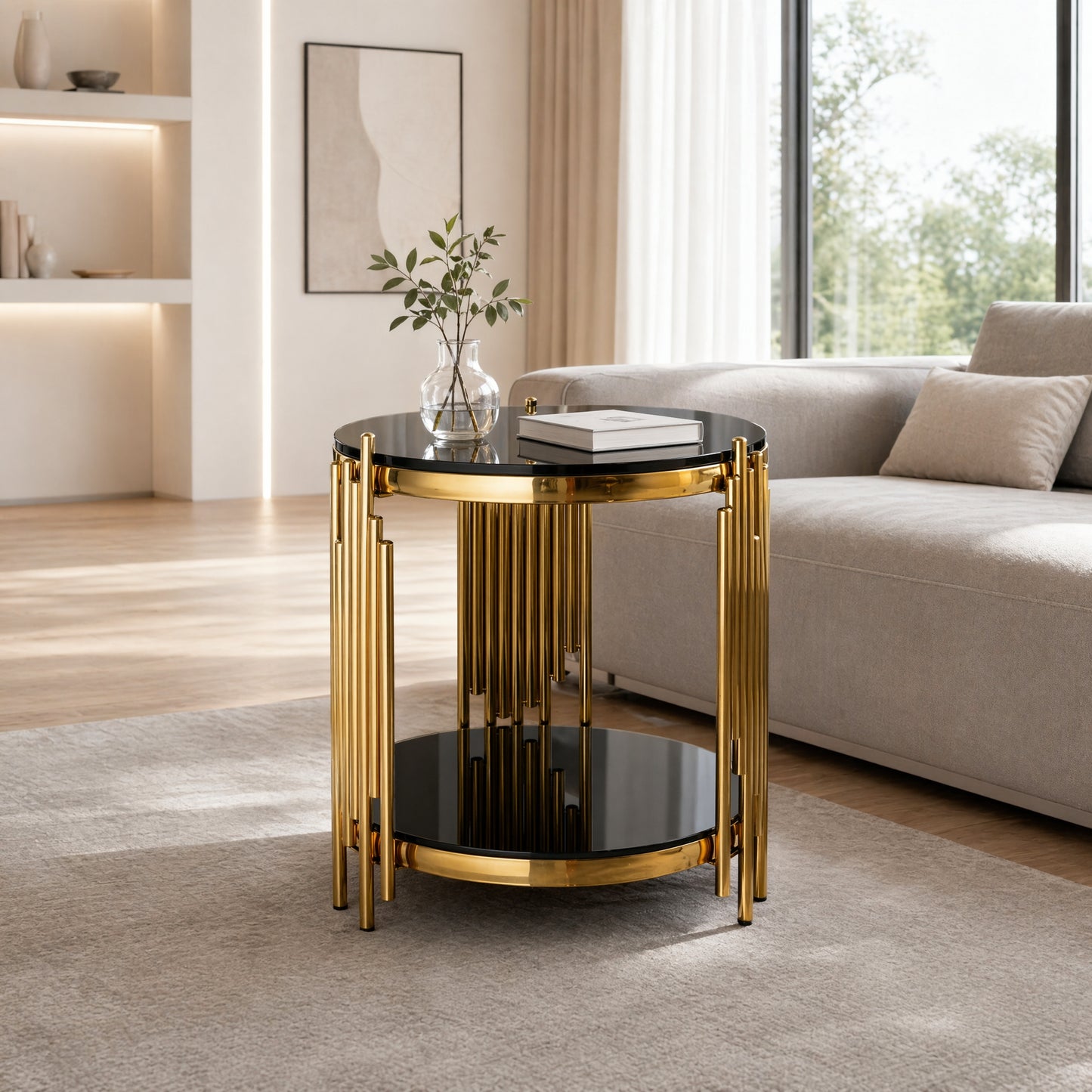 Modern Round Glass End Table For Living Room, Black And Gold Side Table Glass Top, Luxury Circle Tea Table With Stainless Steel Legs, Small Office Table, Sturdy Glass Top Bedside Table, Sofa Table