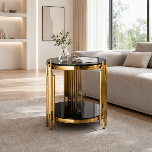 Modern Round Glass End Table For Living Room, Black And Gold Side Table Glass Top, Luxury Circle Tea Table With Stainless Steel Legs, Small Office Table, Sturdy Glass Top Bedside Table, Sofa Table