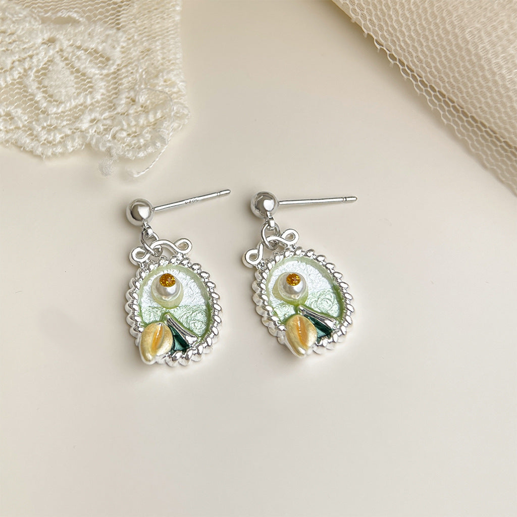 French Vintage Enamel Drip Flower Earrings - Premium Floral Stud Earrings, Elegant Retro Jewelry For Party Wear