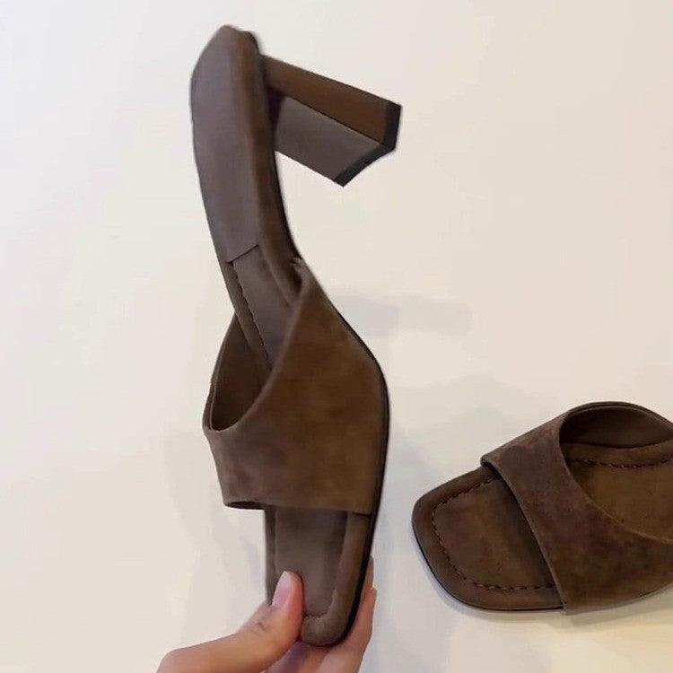 Elevated Version French Open Square Toe High Heel Slides For Women, Simple Slip-On Block Heel All-Match One-Strap Summer Outdoor Sandals