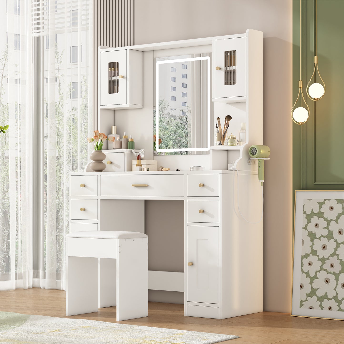 Large Dressing Table With Adjustable LED Lighting And Sockets, Dressing Table With Mirror, 6 Drawers And 4 Doors For The Bedroom, White, Measures 105x152x40 Cm WxHxD