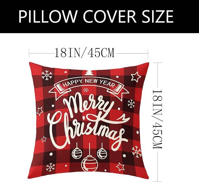 4 Pcs Plaid Christmas Pillow Covers 18x18, Red Black Buffalo Check Farmhouse Cushion Cases For Sofa, Couch, Bed And Chair
