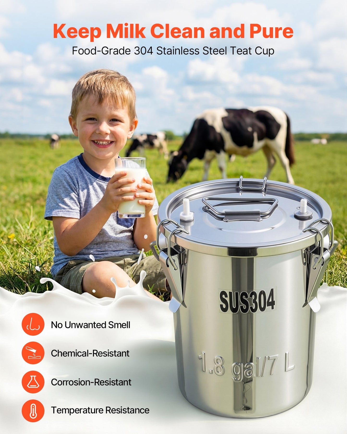 Goat Milking Machine, 1.8 Gal / 7 L Food-Grade Stainless Steel Bucket, 4 Teat Cups For Cows And Goats, With 8000 MAh Rechargeable Battery, Electric Pulsation Milking Machine Portable Milker