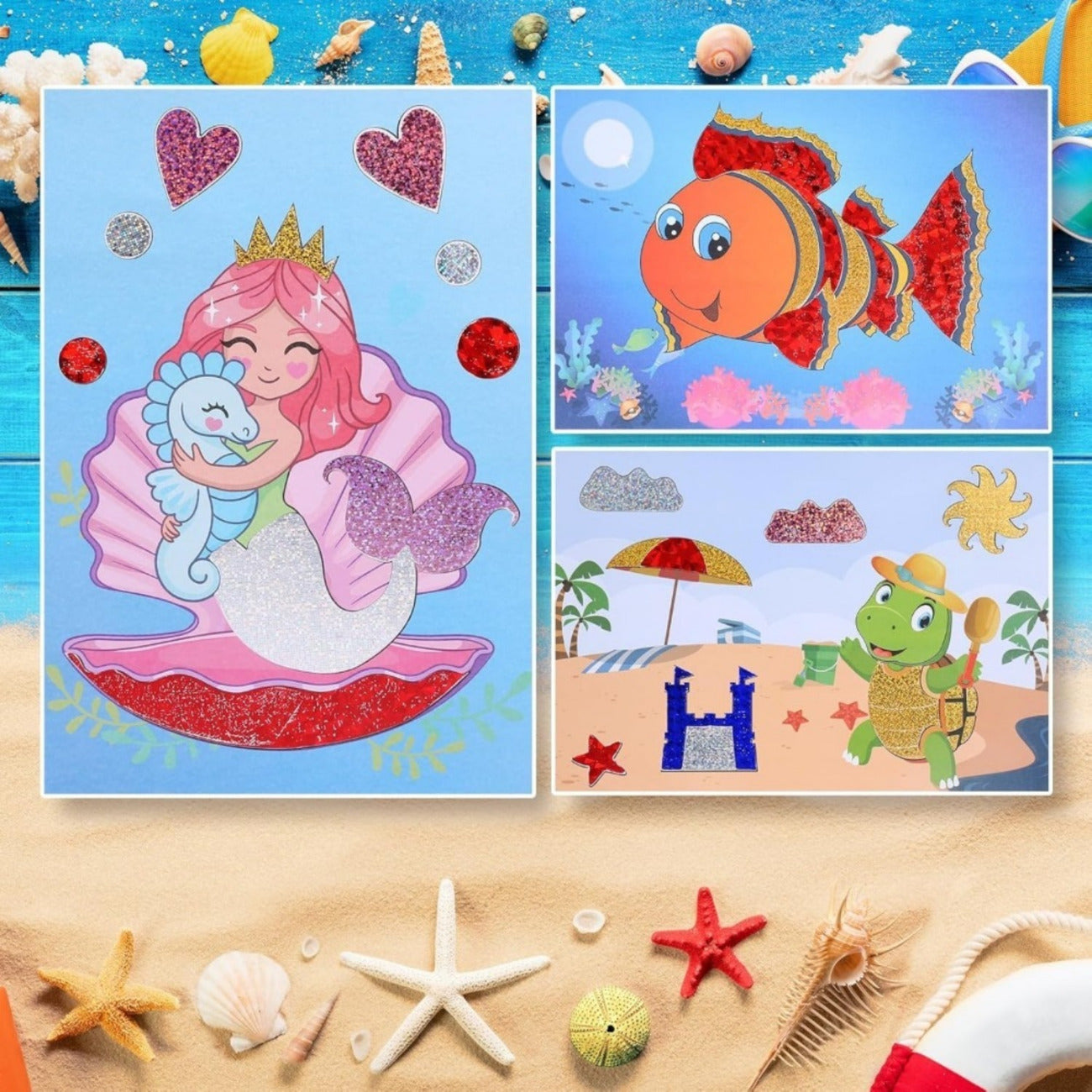 35-Piece Set Of Ocean-Themed Aluminum Foil Pictures, 6 Motif Cards & Multicolored Foil Sheets, DIY Craft Set – Party Supplies Set