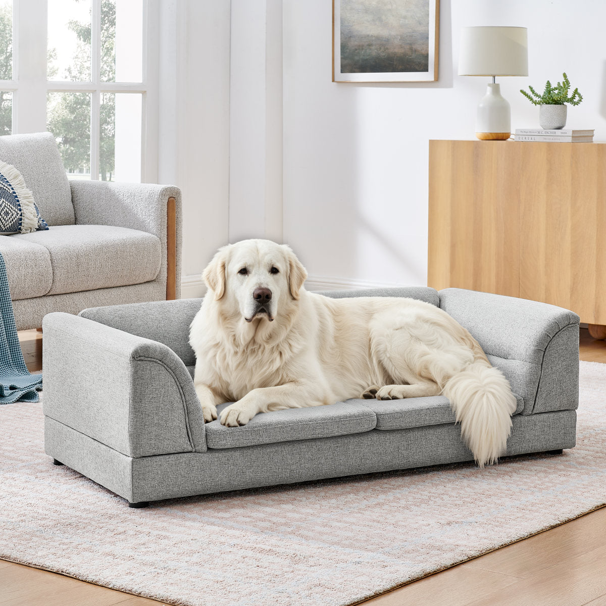 Oversized Pet Sofa, Curved Armrest Rectangular Dog Sofa, Linen Fabric Comfort Pet Couch for Large & Oversized Dogs-LIGHT GREYX
