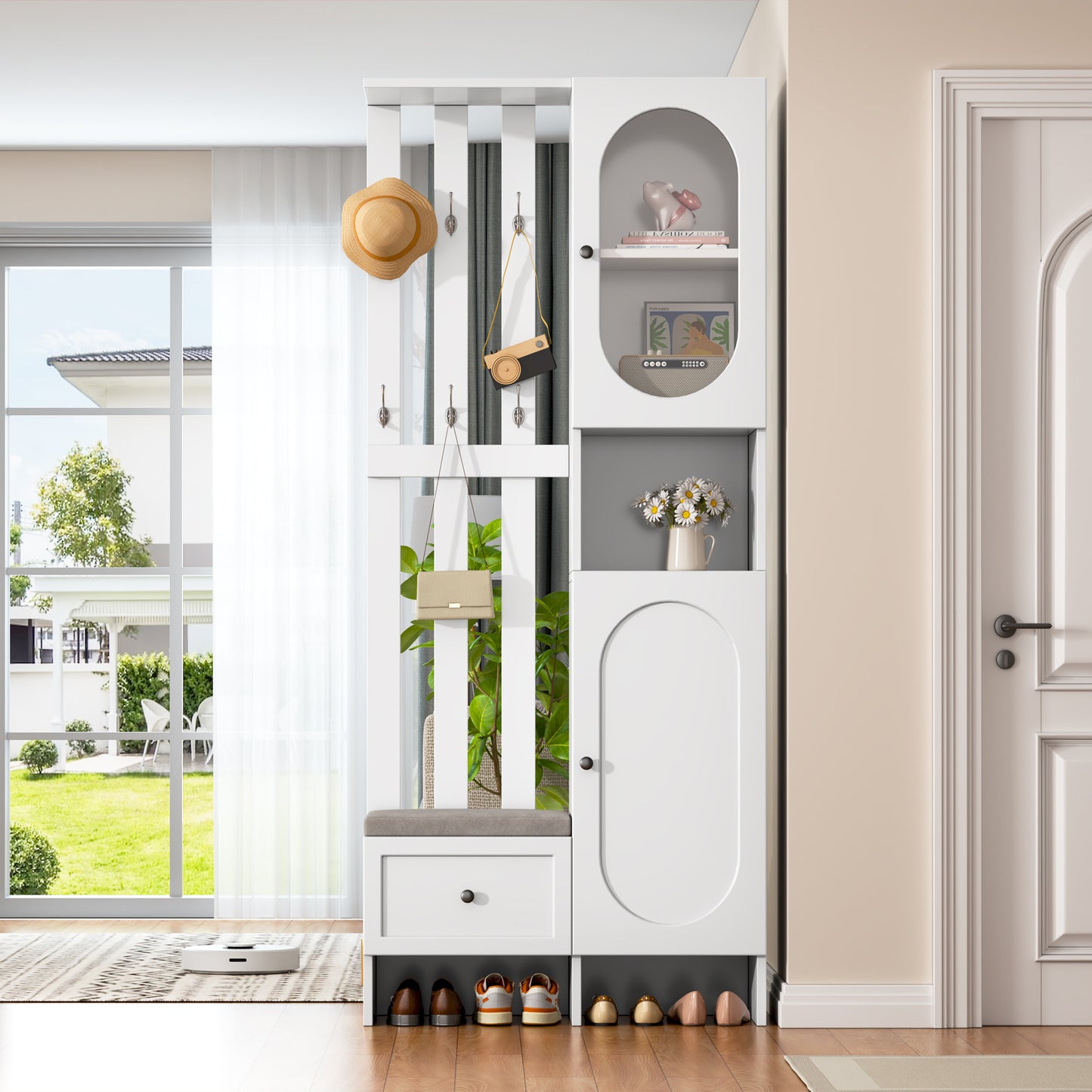 85x33.5x200cm Compact Wardrobes,Home Furniture With 2 Cabinets,Tempered Glass Storage Cabinet, Wardrobe Set White Entrance Cabinet, Coat Rack With Shoe Bench And Upholstery