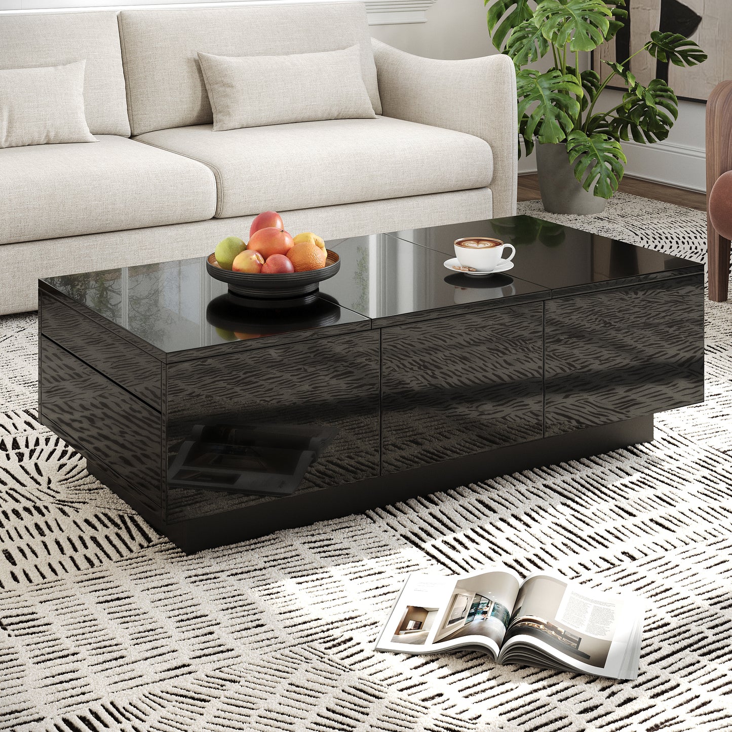 Modern Black High Gloss Coffee Table With Drawers And Sliding Compartment  Rectangular Living Room Table With Large Storage Space, Stylish Design And Easy-care Surface