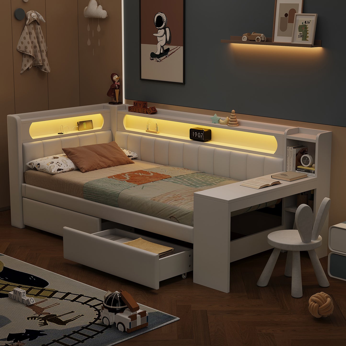 90x200 Padded Daybed With USB Ports And LED Belt, With Desk And 2 Drawers, White