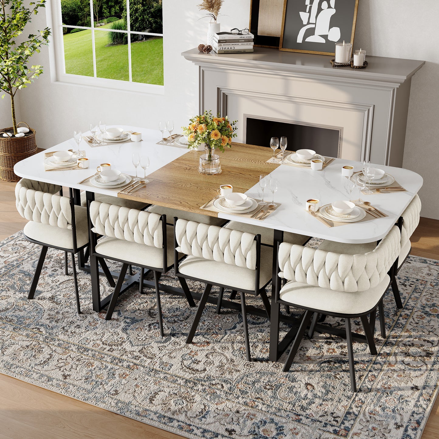 9-Piece Square Dining Table Set, Fixed White Faux Marble & Wood Grain Triamine Tabletop With 8 Beige Velvet Chairs, Modern Kitchen Table Set For 8 People, Ideal For Family Gatherings, Dining Room