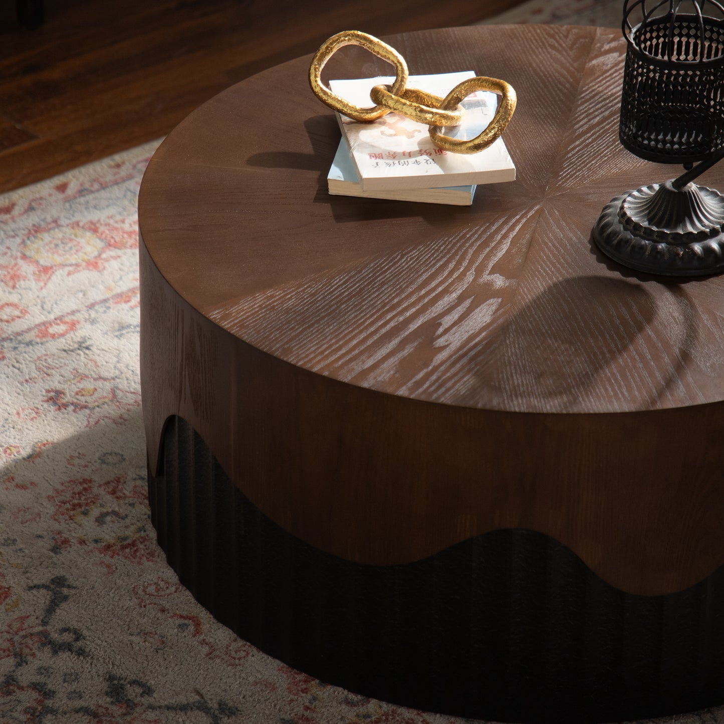 30.31  Round Coffee Table Handcrafted Relief Sturdy Pedestal Wooden Tea Table For Living Room No Need To Assemble