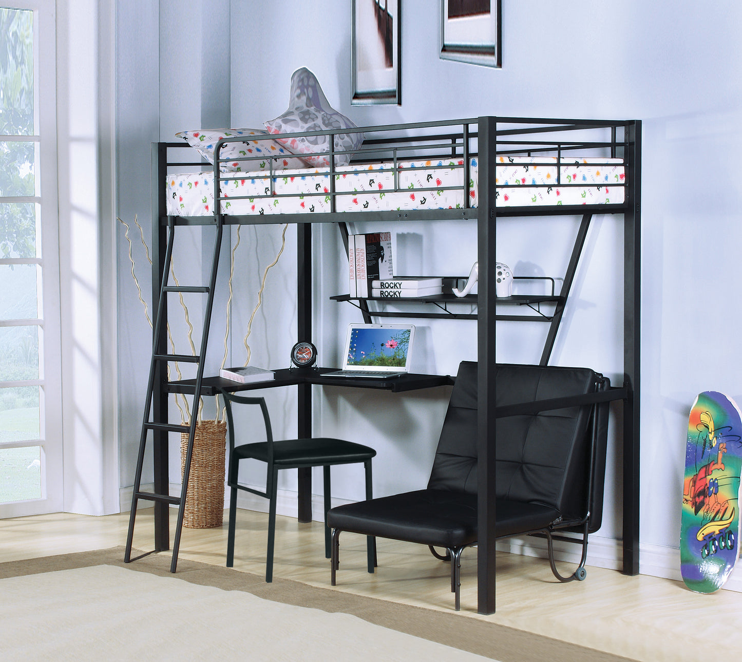 Senon Silver & Black Finish Twin Loft Bed W Desk
