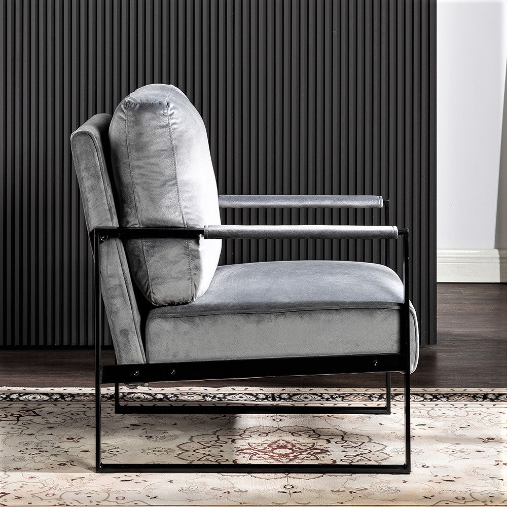 Classic Mid Century Modern Accent Chair With Durable Square Metal Frame, Armchair For Living Room, Bedroom, Home Office In Plush Velvet Upholstery, Grey