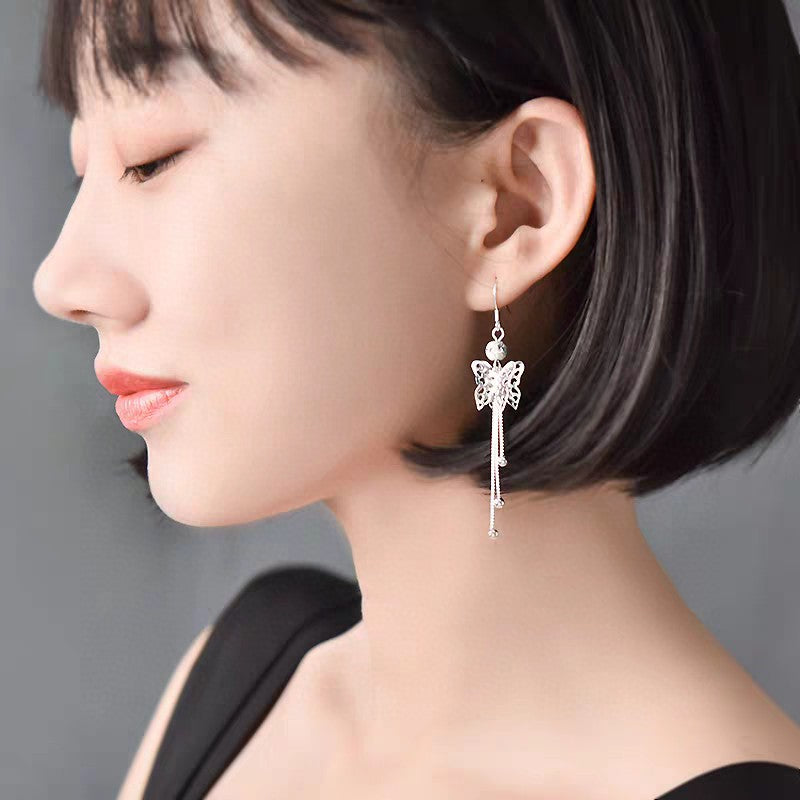 1 Pair Sterling Silver Hollow Butterfly Long Tassel Earrings, Elegant & Slimming, Perfect For Daily, Party & Dating, Ideal Valentine's Gift