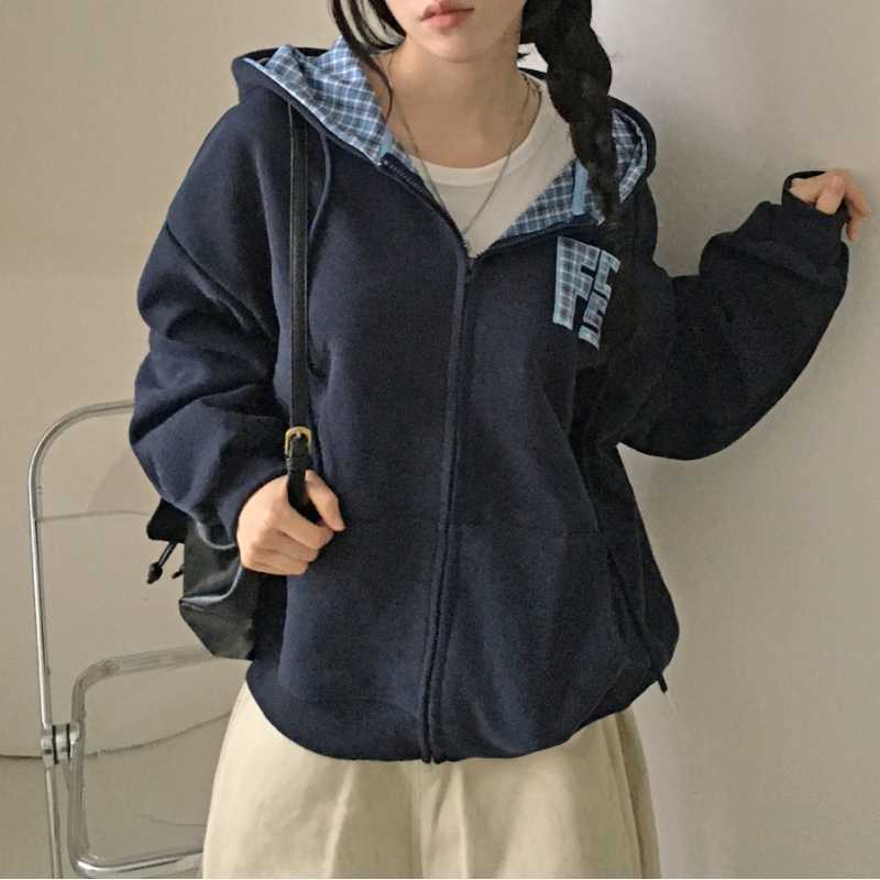 Korean Style Autumn New Machine Embroidery Letters Retro Plaid Zipper Sweater