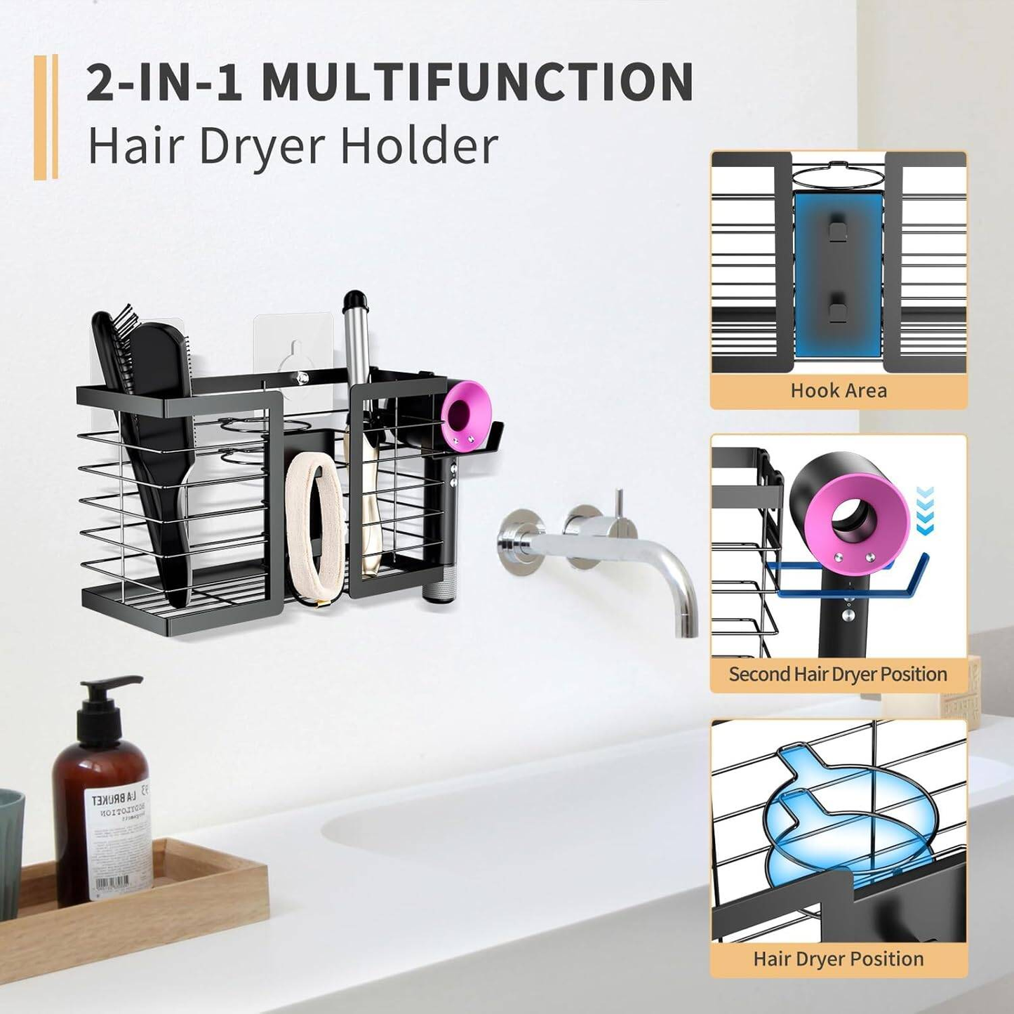 3-in-1 Wall Mounted Hair Tool Organizer Rust-Proof Steel Hair Dryer Holder With Heat-Resistant Storage For Straighteners, Brushes & Accessories