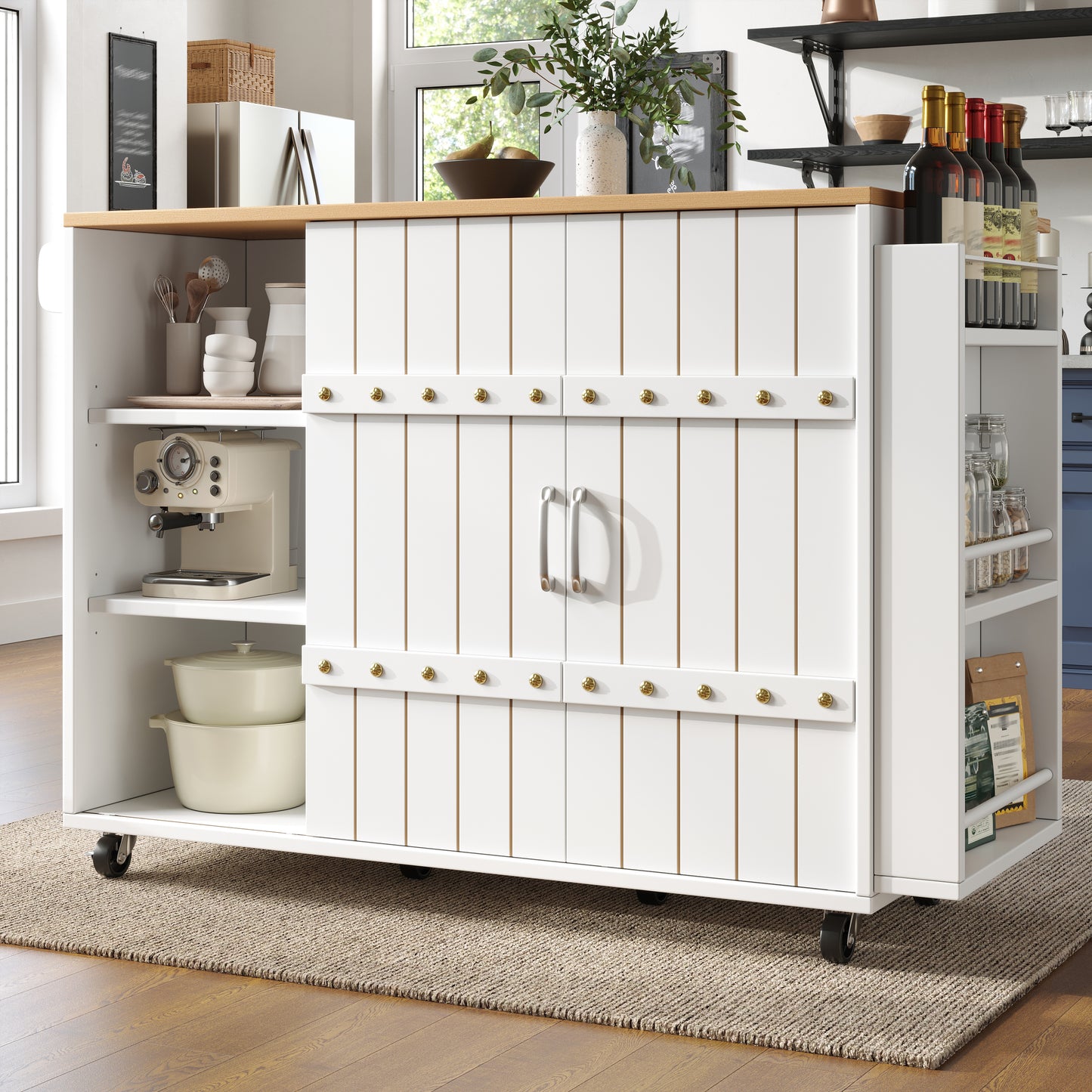 Kitchen Cabinet, Serving Trolley With Wood Grain, Kitchen Trolley With Castors And Worktop, Kitchen Trolley With Spice Rack And Towel Rail, Kitchen Island With Sliding Doors And Drawers, White