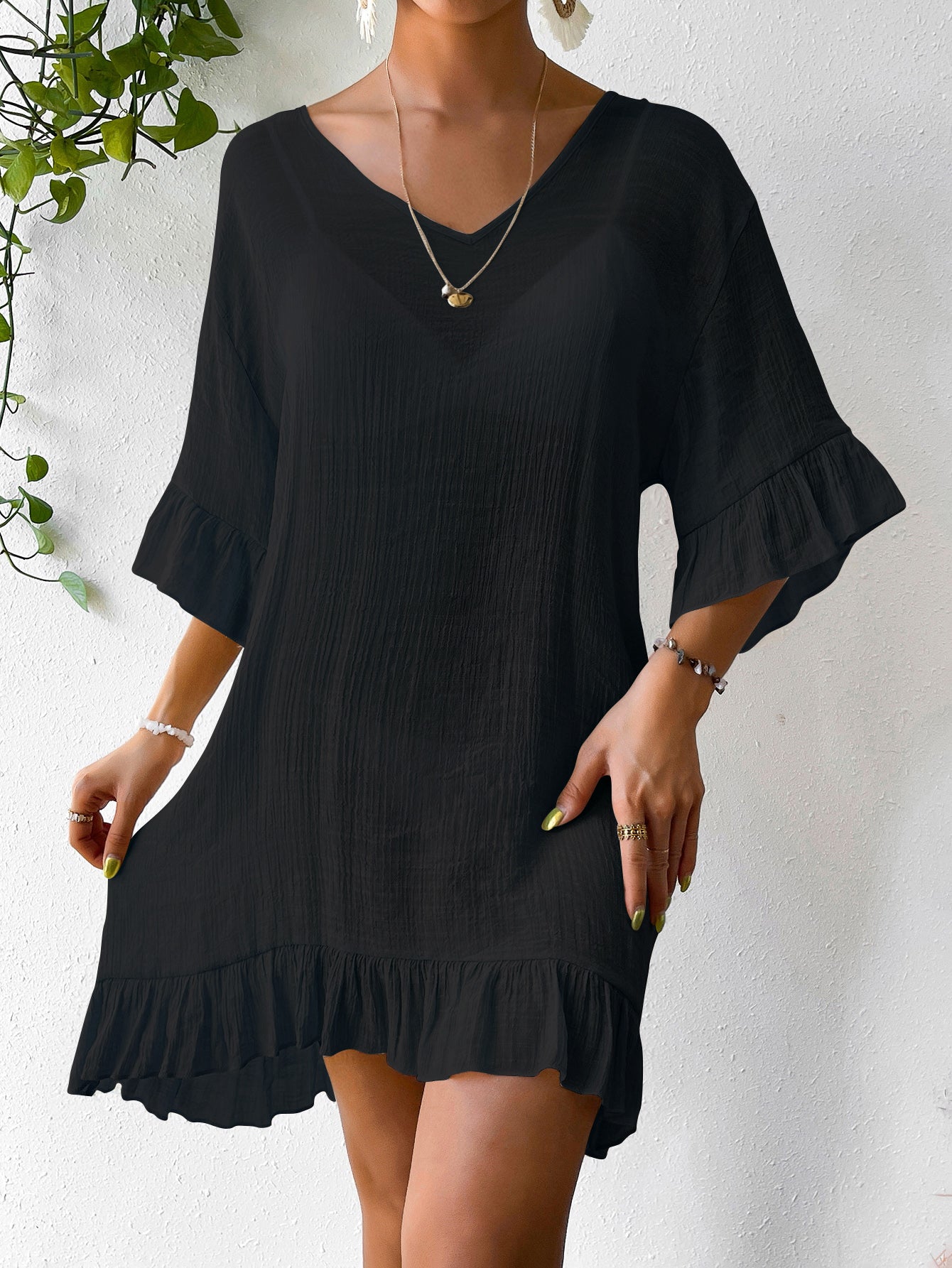 New V Neck Flare Sleeve Back Butterfly Print Sun Protection Dress, Bestseller Beach Cover Up Dress For Amazon