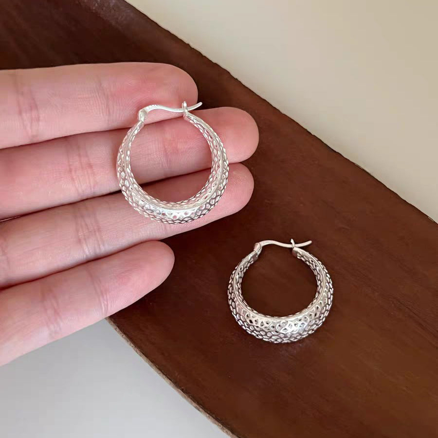 1 Pair 999 Sterling Silver Hammered Wide Hoop Earrings, Minimalist Style, Perfect For Daily Wear And Valentine's Gift