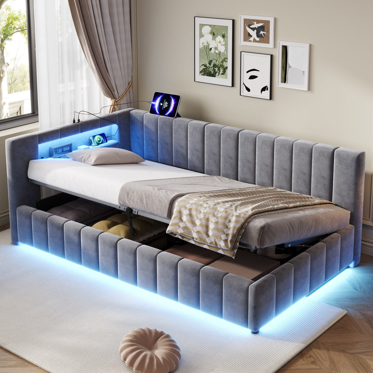3ft Single Velvet Side Hydraulic Storage Bed With Smart RGB LED Lights & Charging Station, Side Opening Ottoman Bed Frame With Type-C & USB Ports, Channel Tufted, Grey  No Mattress