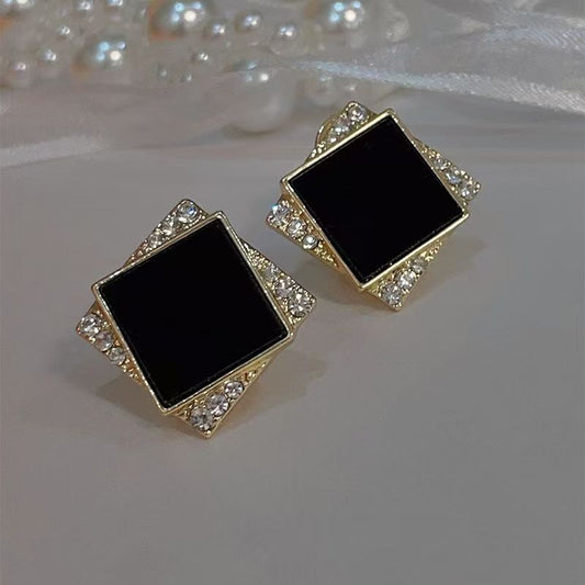 Black Rhombus Rhinestone Stud Earrings With Anti-Lost Buckle, Minimalist Fashion Elegant Geometric Earrings, Niche Designer High-End Ear Jewelry