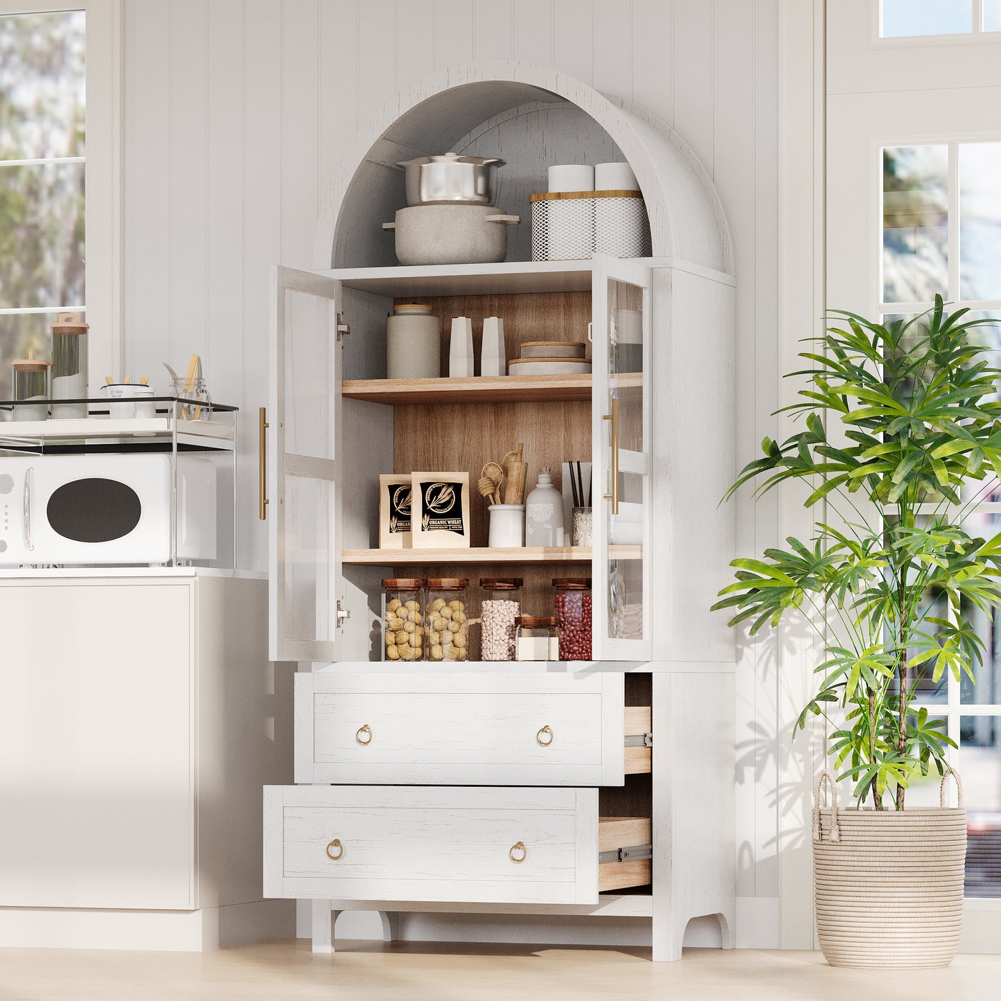 K&K 71  Tall Arched Kitchen Pantry Cabinet With 2 Large Drawers, Modern Farmhouse Kitchen Storage Cabinets With Adjustable Shelves, Glass Door, Wood Versatile Cupboard For Kitchens, Dining Room, White