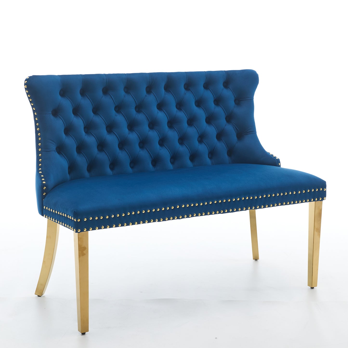 Velvet Double Dining Loveseat Bench, Kitchen & Dining Seating, 2-Seat Tufted Bench W Handmade Buttons, Wing Back, Gold-Plated Steel Legs, Mid Century Modern,Single Pack,Blue,SW1602BL