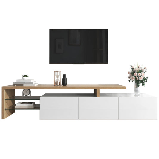 Modern TV Cabinet Design Stylish Elegance, Practical Storage Space, High-gloss White, Wood Look, Glass Shelves, LED Lighting