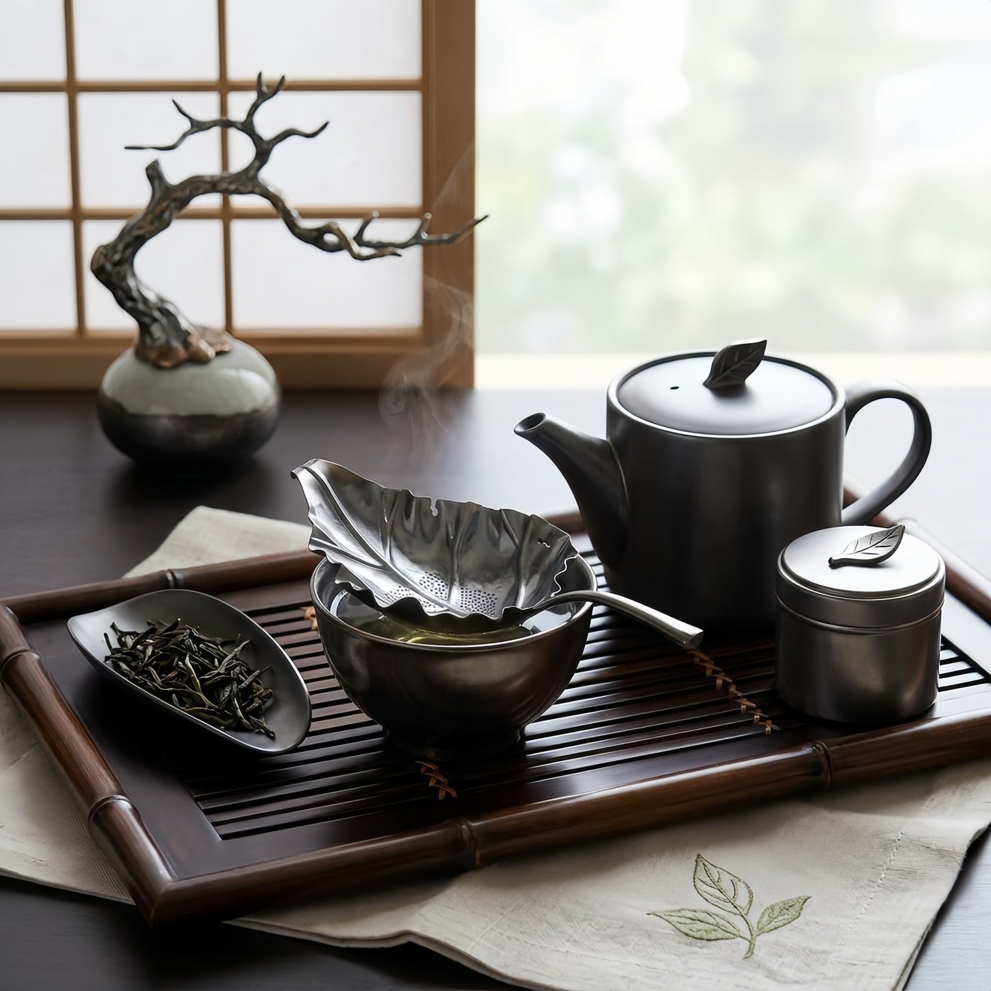 Pure 999 Fine Silver Elegant Silver-Tone Leaf-Shaped Tea Strainer and Infuser Spoon - Handicraft