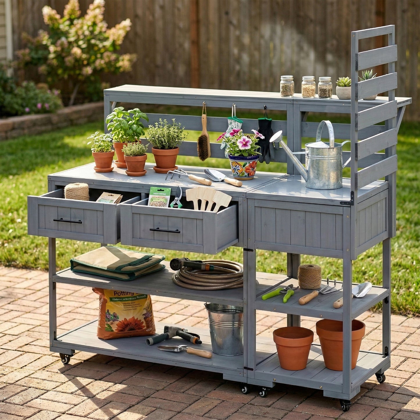 With Assembly Video  TOPMAx 62.3  Patio Kitchen Island Solid Wood Kitchen Cart With Stainless Table Top  Garden Potting Bench With Raised Shelf And Drawers  Grill Prep Table For BBQ  Party  Gray