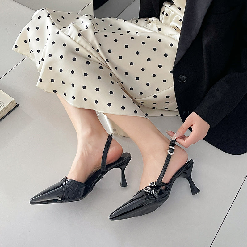 Women 2026 Summer New Pointed Toe Kitten Heel Closed Toe Sandals, British Style High Heels With Single Strap Buckle