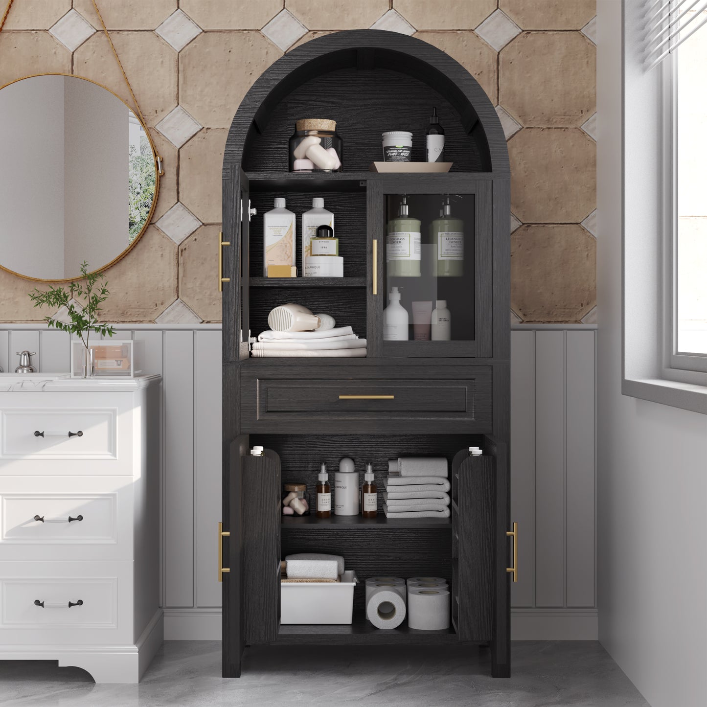 71  Tall Arched Kitchen Pantry Cabinet With Glass Door, Farmhouse Storage Pantry Cabinet With Adjustable Shelves & Barn Door Design For Kitchen, Living & Dining Room, Black