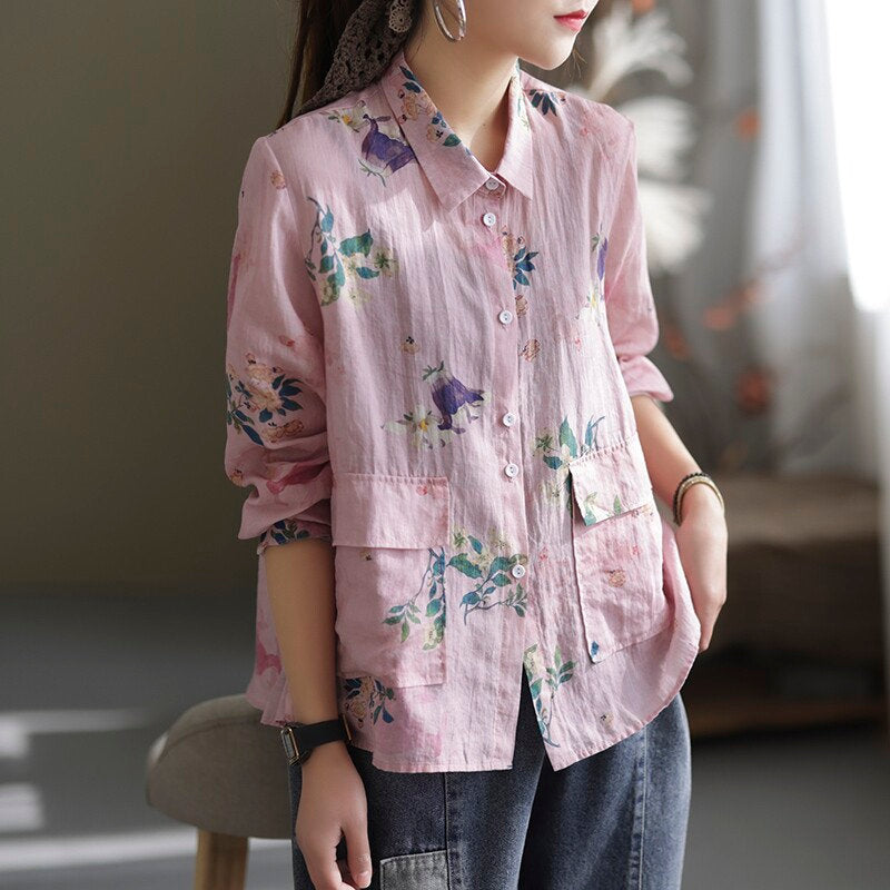 New Vintage Ramie Floral Long-sleeve Shirt