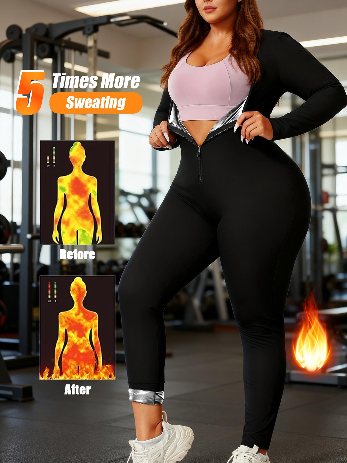 Plus Size Women Sauna Suit Slimming Full Body Compression Workout Jumpsuit Long Sleeve Waist Trainer For Belly Fat Heat Trapping Fabric For Gym Running