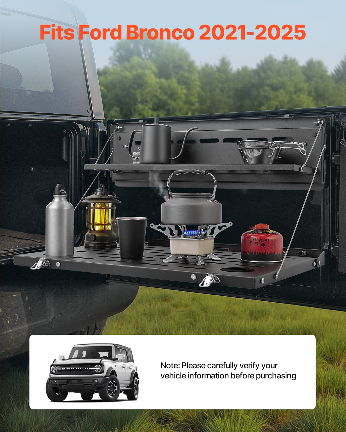 Tailgate Table, For 2021-2025 Ford Bronco, 88 Lbs, Carbon Steel Foldable Molle Panel Double-Layer Drop Down Table, Rear Door Cargo Storage Rack Shelf Luggage Holder Carrier Camping Accessories